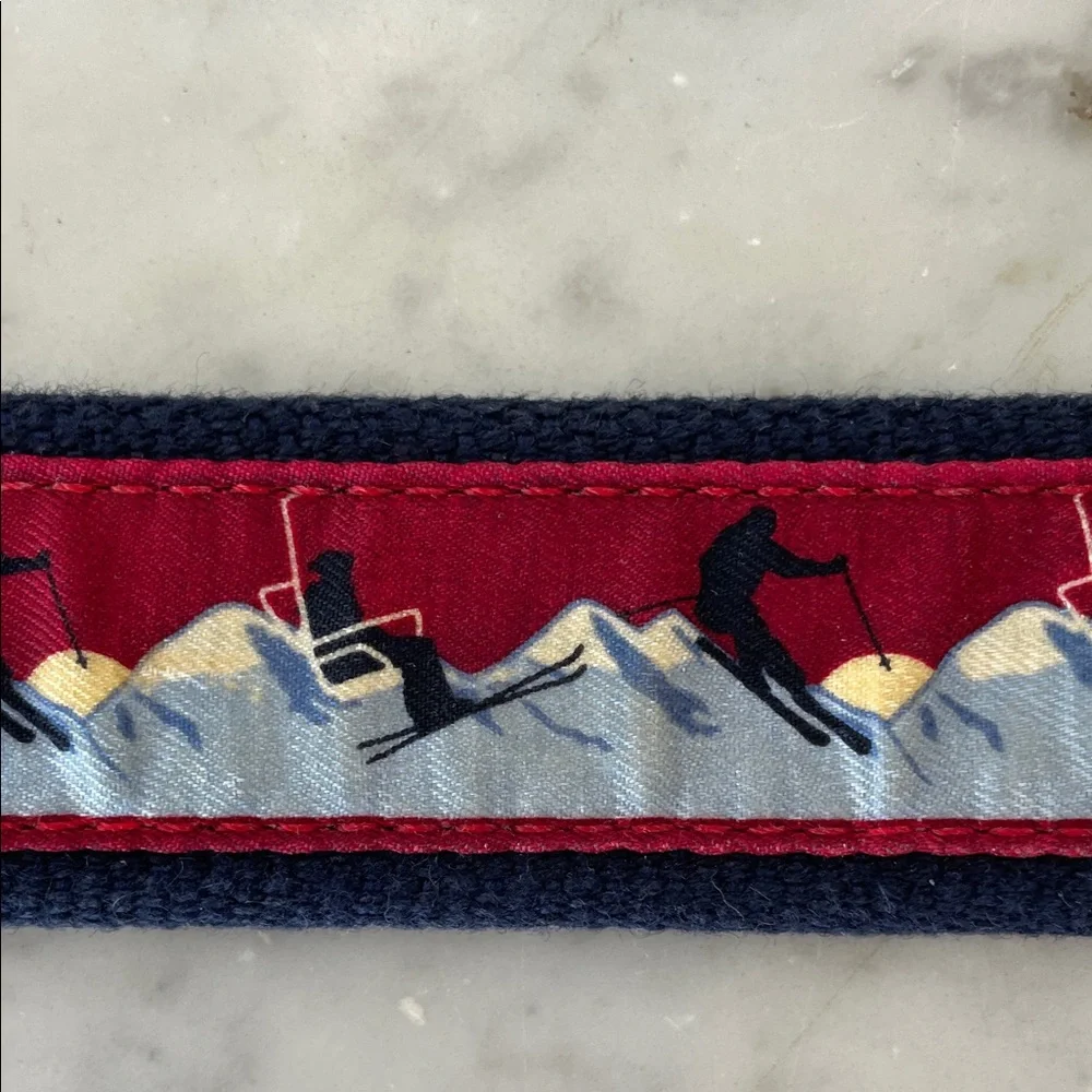 VINEYARD VINES Men's Ski Print Blue Brown Leather Canvas Belt Gold Buckle 30